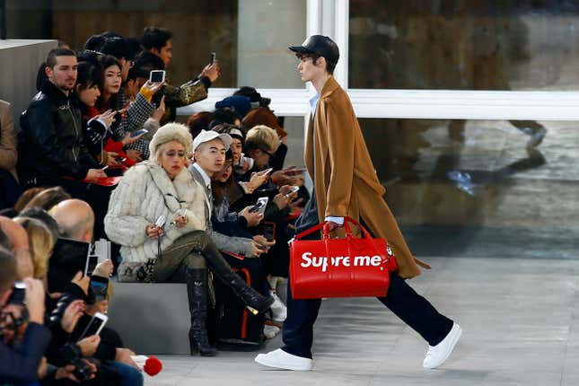 A model wears a creation for Louis Vuitton Men's Fall Winter 2017-2018 fashion collection presented in Paris, Thursday, Jan.19, 2017. (AP Photo/Francois Mori)