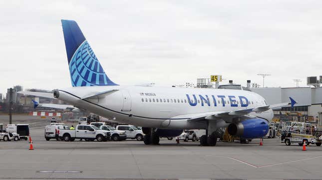 A general view of a United Airlines jet photographed at LaGuardia Airport on February 4, 2024 in the Queens borough of New York City, United States.