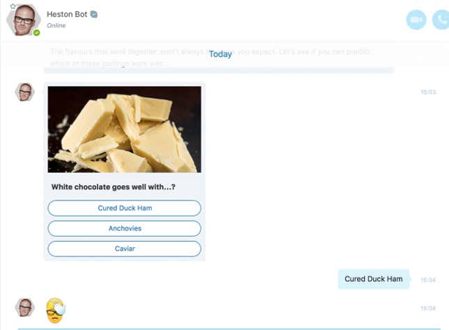 Image for article titled Heston Blumenthal’s Skype bot is a lot less scary than his cookbooks