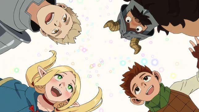 Laios, Marcille, Senshi, and Chilchuck in Delicious in Dungeon.