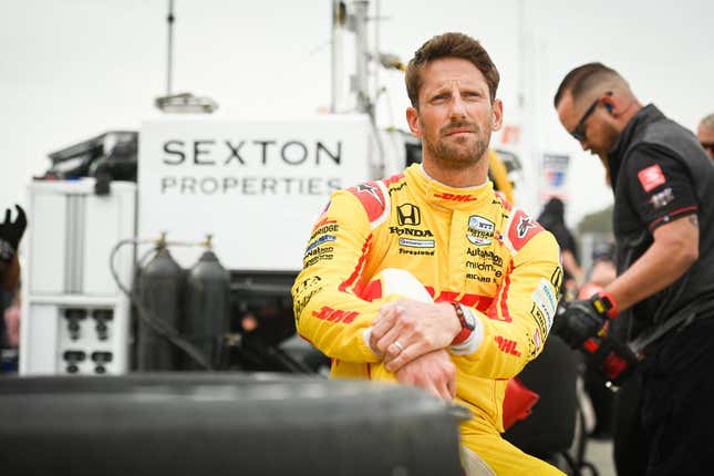 Romain Grosjean of Andretti Autosport sits in the pit lane during the IndyCar Grand Prix at Laguna Seca.