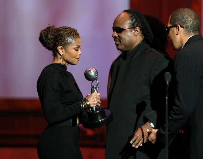 Janet Jackson presents singer Stevie Wonder the Image Awards Hall of Fame award onstage during the 39th NAACP Image Awards on February 14, 2008 in Los Angeles, California.