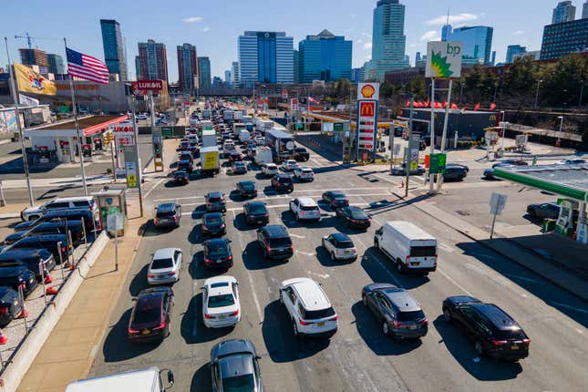 FILE - Commuters wait to drive through the Holland Tunnel into New York City during morning rush hour traffic in Jersey City, N.J., on Wednesday, March 8, 2023. New York has become the first U.S. city to approve congestion tolls on drivers entering its downtown. Transit authorities approved the congestion pricing plan Wednesday, March 27, 2024. (AP Photo/Ted Shaffrey, File)