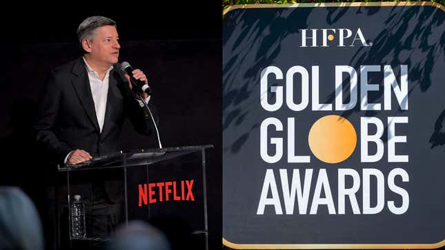 Netflix Chief Content Officer Ted Sarandos attends the “Locke &amp; Key” Los Angeles Premiere on February 05, 2020; View of the HFPA Golden Globe Awards logo on February 23, 2021.