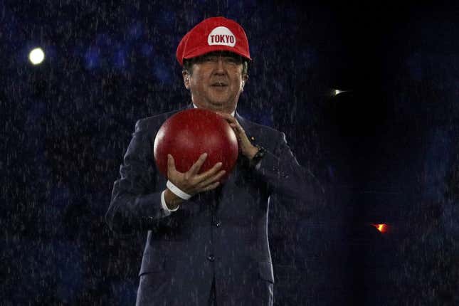 Prime Minister of Japan Shinzo Abe, dressed as Super Mario, is seen on stage at the 2016 Rio Olympics closing ceremony.