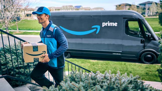 Amazon delivery driver walking up steps with a package with an Amazon Prime van in the background