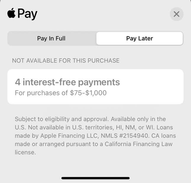 يُظهر اختبار Gizmodo لـ Apple Pay Later زيادة الحد الأدنى للشراء.