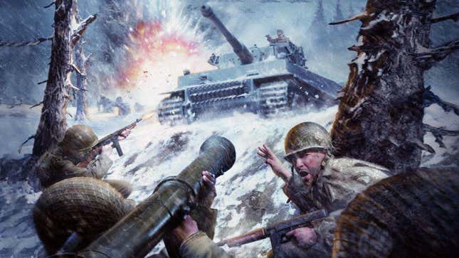 An image shows soldiers fighting a tank in the snow as seen in CoD 1. 