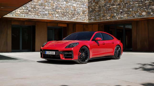 Front 3/4 view of the red Porsche Panamera GTS