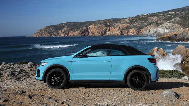 Side view of a blue Volkswagen T-Roc Convertible