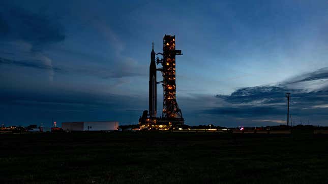 The Artemis I unmanned lunar rocket is rolled back to the Vehicle Assembly Building at Kennedy Space Center in Florida on September 27, 2022, as Florida braces for Hurricane Ian.