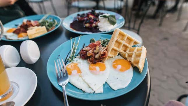 Plate of eggs, waffles, and bacon