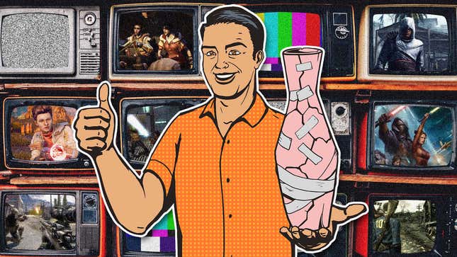 A man gives a thumbs up while holding a broken vase fixed with tape in front of TVs.