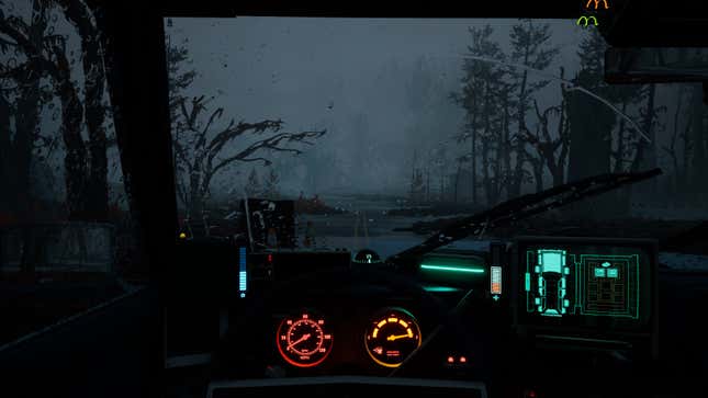 A dashboard view shows a rainy forest road. 