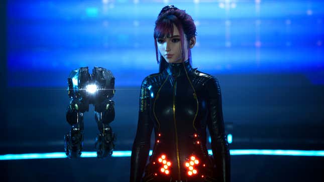 Eve, la protagoniste de Stellar Blade, se tient à côté de son drone compagnon, qui flotte sur son côté droit.