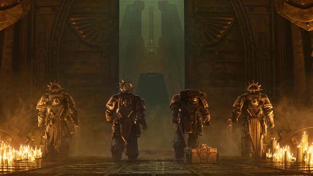 Space Marines walk near candles. 