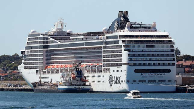 Oil/Chemical Tanker Vacamonte refuels the MSC Magnifica while berthed at Fremantle Passenger Terminal on March 24, 2020 in Fremantle, Australia.