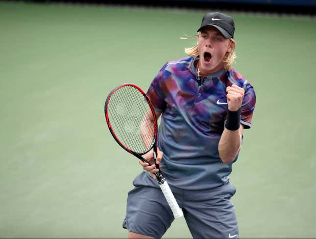 Denis Shapovalov, of Canada, reacts after scoring a point against Daniil Medvedev, of Russia, during the first round of the U.S. Open tennis tournament, Monday, Aug. 28, 2017, in New York. (AP Photo/Julio Cortez)