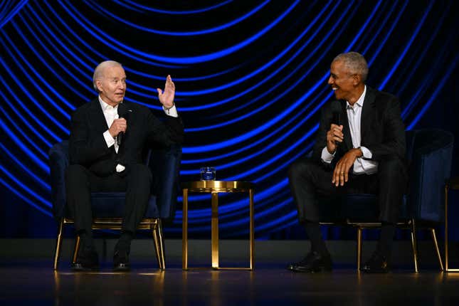 US President Joe Biden (L) speaks flanked by former US President Barack Obama onstage during a campaign fundraiser at the Peacock Theater in Los Angeles on June 15, 2024. 