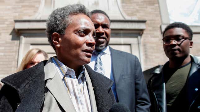 Chicago Mayor-elect Lori Lightfoot leaves the Rainbow PUSH Coalition after a unity press conference with mayoral candidate Toni Preckwinkle in Chicago, Illinois on April 3, 2019. 