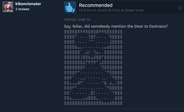 A Steam review reading "Say, fellas, did somebody mention the door to Darkness?" with ASCII art of Mickey.