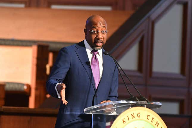 Senator Raphael G. Warnock attends the 2022 King Holiday Observance Beloved Community Commemorative Service at Ebenezer Baptist Church on January 17, 2022, in Atlanta, Georgia.