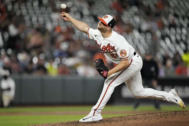May 10, 2023; Baltimore, Maryland, USA; Baltimore Orioles relief pitcher Austin Voth (51) pitches against the Tampa Bay Rays during the eighth inning at Oriole Park at Camden Yards.