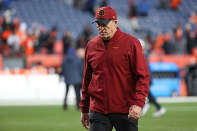 Assistant coach Jack Del Rio walks off the field after losing to the Denver Broncos at Empower Field At Mile High on October 31, 2021 in Denver, Colorado. 