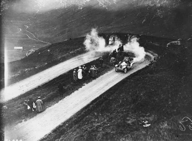 A car negotiates the hairpin bend on Rest and Be Thankful Hill, during the 7th day of the RAC 2000 mile International Reliability Trial, June 1908.