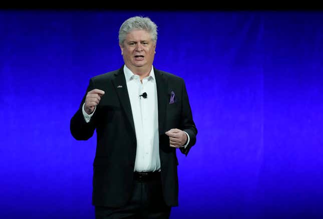 Michael O&#39;Leary, president and CEO of the National Association of Theatre Owners (NATO), addresses the audience during CinemaCon 2024 at Caesars Palace, Tuesday, April 9, 2024, in Las Vegas. The four-day NATO convention runs through Thursday. (AP Photo/Chris Pizzello)