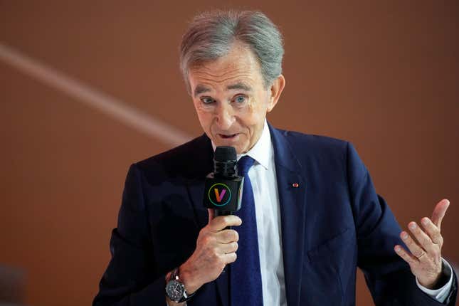 File - LVMH group CEO Bernard Arnault speaks at the Vivatech show in Paris, June 15, 2023. A recent report from anti-poverty organization Oxfam highlighted how the fortunes of the world&#39;s five richest people — Tesla CEO Elon Musk, Amazon founder Jeff Bezos, Oracle founder Larry Ellison, Arnault, and investment guru Warren Buffett — have more than doubled since 2020. (AP Photo/Michel Euler, File)