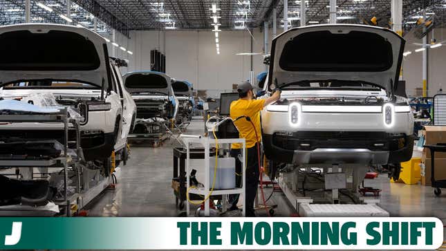 An employee works on an R1S model electric vehicle on the pilot production line at Rivian's headquarters in Irvine, California, US, on Wednesday, July 5, 2023. CEO