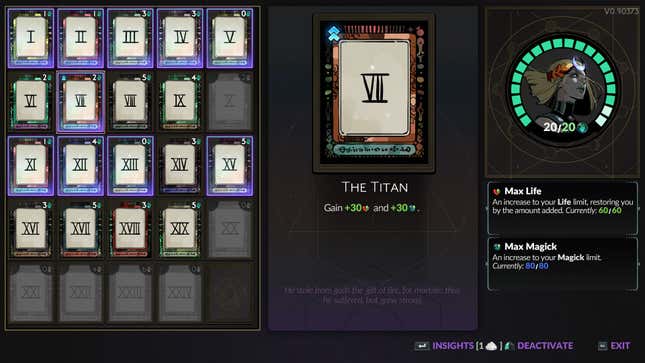 On a menu screen showing several cards with Roman numerals on them, card VII, The Titan, is highlighted, with its benefit showing a bonus of 30 to the player's max life and max magick.