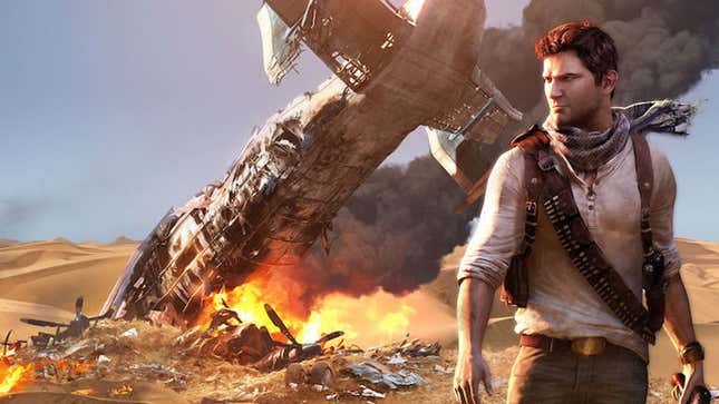 Nathan Drake from Uncharted 3 looking out over a plane crash in the desert. 