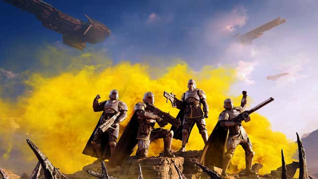 Four Helldivers soldiers pose with each other against a yellow plum of smoke.