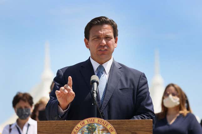 Florida Gov. Ron DeSantis speaks to the media about the cruise industry during a press conference at PortMiami on April 08, 2021, in Miami, Florida. 