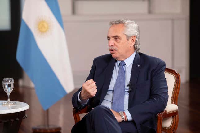 FILE - In this photo released by Xinhua News Agency, Argentine President Alberto Fernandez speaks during an exclusive interview with Xinhua ahead of this attending The Third Belt and Road Forum, in Buenos Aires, Argentina, Oct. 5, 2023. Argentina is one of the countries that have joined the BRI relatively recently, in 2022, seeking Chinese investment in areas such as railways, nuclear energy, solar and hydropower, agriculture and digital infrastructure. (Martin Zabala/Xinhua via AP, File)