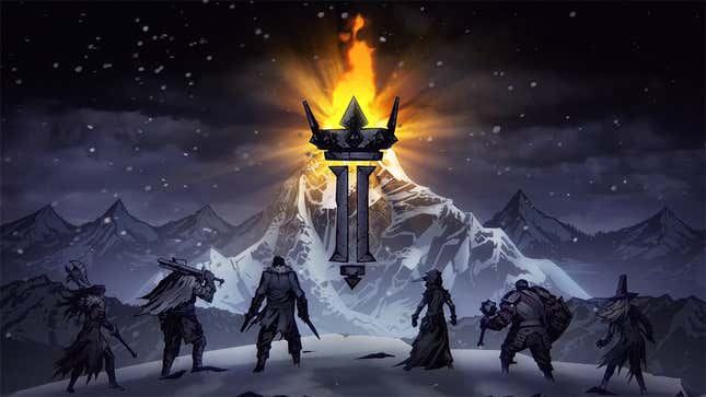 A party of heroes stand at the foot of a mountain, a massive torch with the roman numeral II looms overhead.