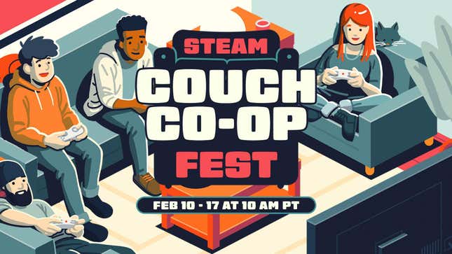 Four cartoon adults sit on couches, holding game controllers, with the Steam Couch Co-op Fest logo in the middle.