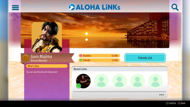 The main menu of the Aloha Links social media app in Like a Dragon: Pirate Yakuza in Hawaii.