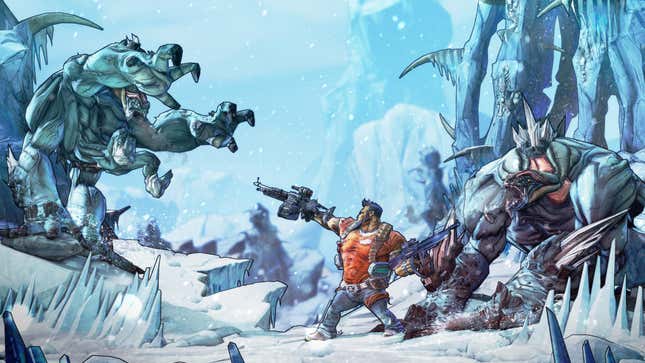 Salvador shoots two giant enemies in Borderlands 2.