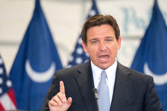 Florida Governor and Republican presidential candidate Ron DeSantis speaks during a press conference at the Celebrate Freedom Foundation Hangar in West Columbia, S.C. July 18, 2023. 