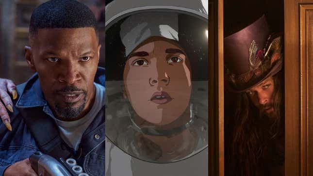 Jamie Foxx, an animated spaceman, and Jason Momoa, all as seen in different 2022 Netflix films.