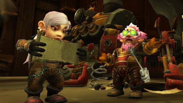 Two WoW characters stand in front of heavy machinery looking at the instructions. 