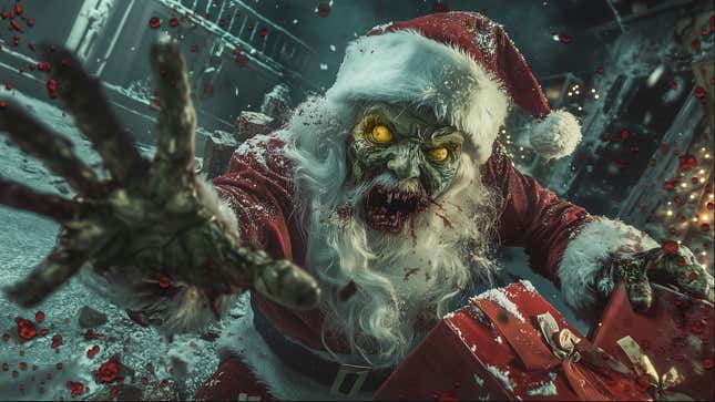 A zombie with six fingers wears a Santa costume. 