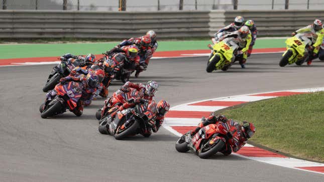 Francesco Bagnaia of Italy and Ducati Lenovo Team leads the field during the MotoGP Of Portugal - Sprint at Autodromo do Algarve on March 23, 2024 in Lagoa, Algarve, Portugal.