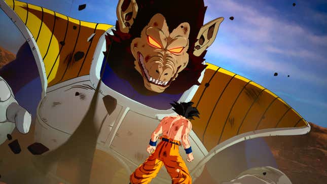 Un grand singe en armure spatiale surplombant le relativement petit Goku.