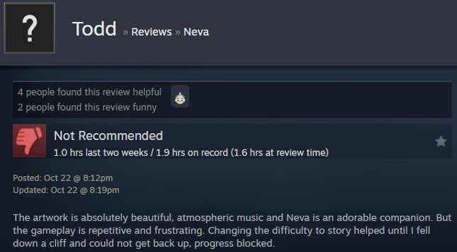 A screenshot shows a Steam user review from Neva.