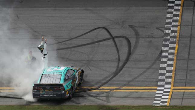 Austin Dillon, driver of the No. 3 BREZTRI Chevrolet, celebrates after winning the NASCAR Cup Series Coke Zero Sugar 400 at Daytona International Speedway on August 28, 2022 in Daytona Beach, Florida.