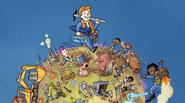 Art of Fallout 76's Vault Boy carrying tools across a miniature planetoid. 